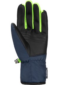 Schwarzer Lederhandschuh mit neon-grünen Akzenten, navyfarbigem Stoffrücken und verstellbarem Handgelenkband. Verfügt über einen strukturierten Griff in der Handfläche.