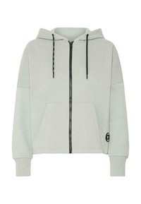 Svijetlozelena zip-up dukserica s velikim prednjim džepom, podesivim crnim uštenjačama i rebrastim manžetama. Ima oznaku logotipa sa strane.
