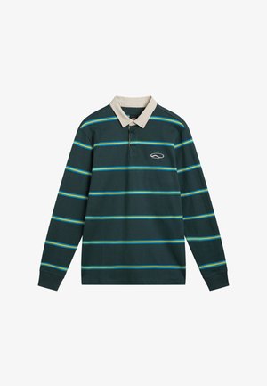 Chemise de rugby à manches longues vert foncé avec des rayures horizontales bleu clair et jaune et un col beige.