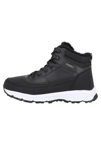 Botte d'hiver noire montante avec lacets à l'avant, col de cheville rembourré, semelle blanche texturée et matériau imperméable.