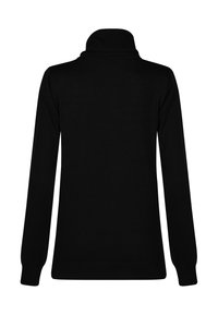Schwarzer Pullover mit langen Ärmeln und hohem Kragen, gerippten Bündchen und Saum, aus einem glatten, elastischen Stoff gefertigt, mit einem schlichten Design.