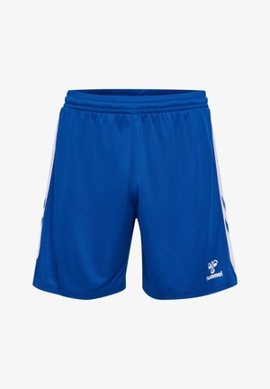 Blauwe sportshorts van gladde stof, met witte zijstrepen en een logo op het rechteronderbeen. Elastische tailleband voor comfort.