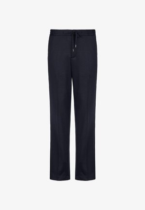 Mørkeblå sweatpants lavet af blød stof, med elastisk talje og snøre, lige ben design og ingen synlige mønstre.