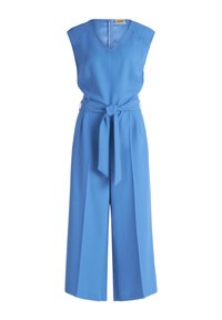 Blauer Jumpsuit mit V-Ausschnitt, ärmellosem Design, Taillenzug und weit geschnittenen Hosenbeinen. Hergestellt aus glattem, leichtem Stoff.