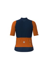 Maillot de cyclisme à manches courtes en bleu marine et orange. Fabriqué en tissu texturé, il présente des accents réfléchissants et une poche arrière pour le rangement.