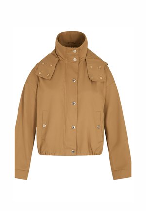 Tan cropped jacket with high collar, snap-button front closure, snap-button flap details on shoulders, and front pockets.