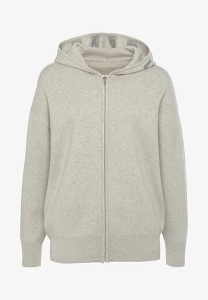 Light grey zip-up hoodie made from soft fabric. Features a relaxed fit, large hood, and ribbed cuffs and hem. Subtle texture throughout.
