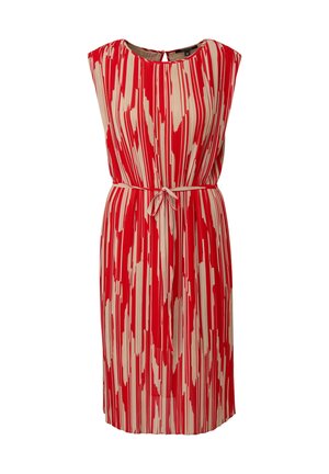 Rotes und beigefarbenes Kleid mit geradem Schnitt, kurzen Ärmeln, Kordelzug in der Taille und vertikalem Streifenmuster. Glattes Material mit subtiler Satinoptik.