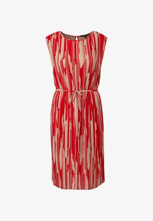 Rotes und beigefarbenes Kleid mit geradem Schnitt, kurzen Ärmeln, Kordelzug in der Taille und vertikalem Streifenmuster. Glattes Material mit subtiler Satinoptik.