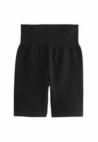 Shorts de vélo noirs à taille haute, côtelés et sans coutures, avec une large ceinture, conçus pour un ajustement serré et extensible.