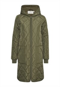 Quilted olive green long coat with a hood, front zipper, two side pockets, and ribbed cuffs. Smooth fabric with a diagonal pattern.