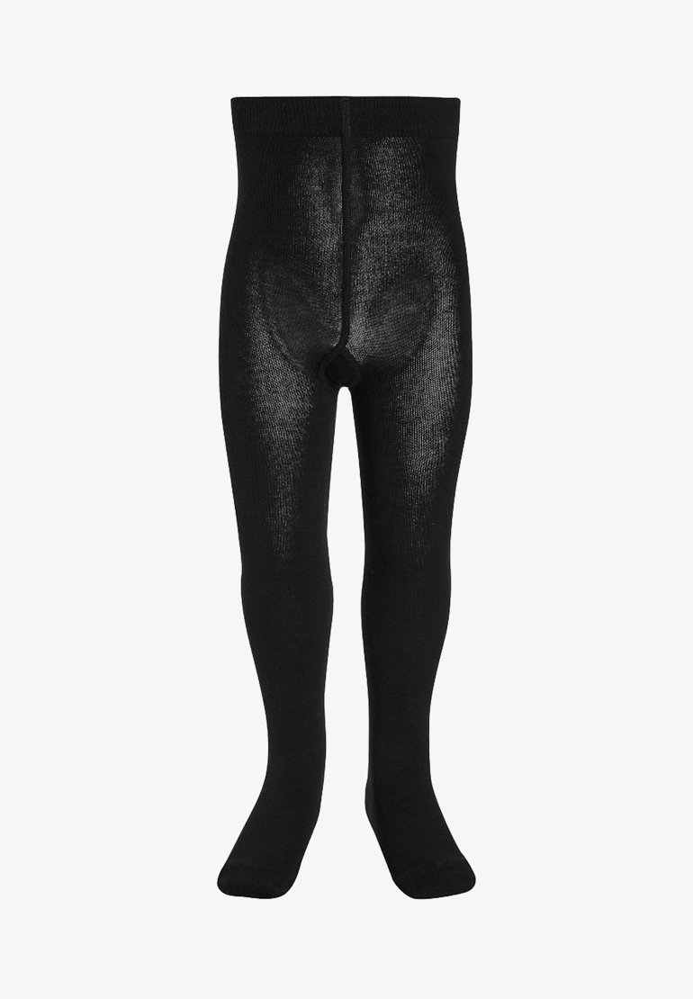 Schwarze blickdichte Strumpfhosen mit glatter Texture, ausgestattet mit einem bequemen Bund und verstärktem Zehenbereich. Entwickelt für Komfort und Langlebigkeit.