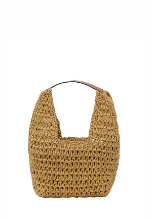 Woven straw handbag in tan. Features a wide, scooped opening and a short, curved leather handle. Textured surface with an open weave.
