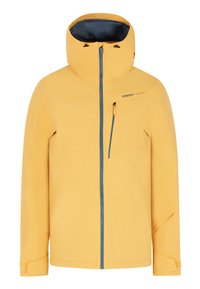 Geel waterdichte jas met capuchon, voorzien van een voorkleurige rits, contrasterende blauwe accenten en een borstzak met ritssluiting.