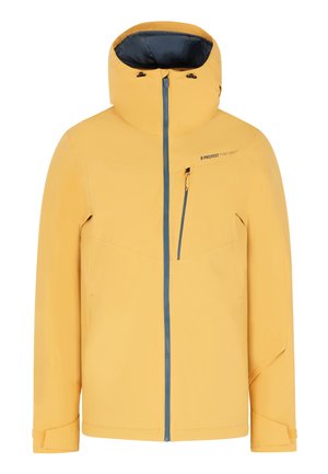 Geel waterdichte jas met capuchon, voorzien van een voorkleurige rits, contrasterende blauwe accenten en een borstzak met ritssluiting.