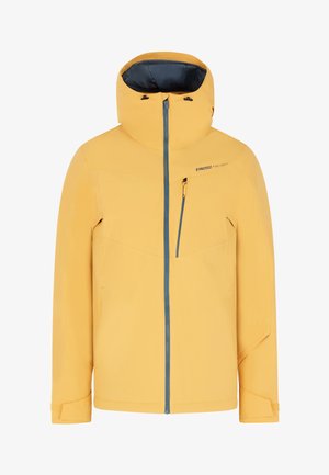 Geel waterdichte jas met capuchon, voorzien van een voorkleurige rits, contrasterende blauwe accenten en een borstzak met ritssluiting.