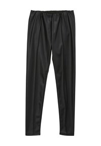 Mustad faux nahkleggarid, millel on sile tekstuur, elastne vöökoht ja vertikaalsed voldid ees, et lisada detaili.