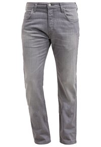 Jeans de mezclilla gris con un diseño de pierna recta, cinco bolsillos y cierre de botón. Presenta ligero desgastado y sutilezas en la costura.