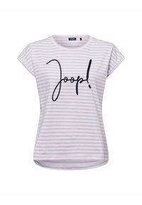 Gestreepte roze en witte T-shirt met korte mouwen, voorzien van een zwart cursief lettertype "Joop!" over de voorkant. Zachte stof, losse pasvorm.