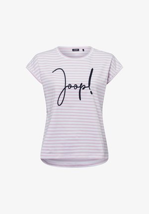Gestreepte roze en witte T-shirt met korte mouwen, voorzien van een zwart cursief lettertype "Joop!" over de voorkant. Zachte stof, losse pasvorm.