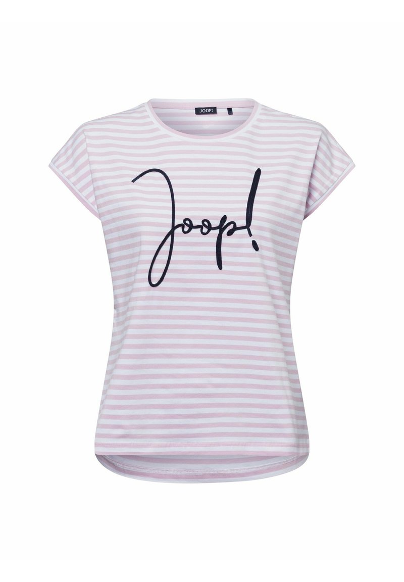 Gestreepte roze en witte T-shirt met korte mouwen, voorzien van een zwart cursief lettertype "Joop!" over de voorkant. Zachte stof, losse pasvorm.