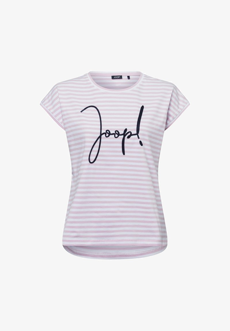 Gestreepte roze en witte T-shirt met korte mouwen, voorzien van een zwart cursief lettertype "Joop!" over de voorkant. Zachte stof, losse pasvorm.