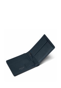 Cartera de cuero azul marino abierta, mostrando los espacios para tarjetas, un compartimento con cremallera para monedas y un compartimento para billetes, con la marca "REDOLZ" en su interior.