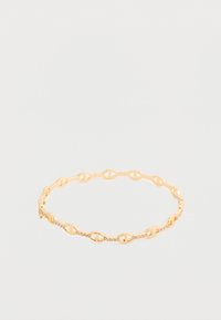 Zlatý kovový náramok s striedavým dizajnom oválnych a guľatých článkov, textúrovaný povrch a malé dekoratívne akcenty. Možno nastaviť na rôzne veľkosti.