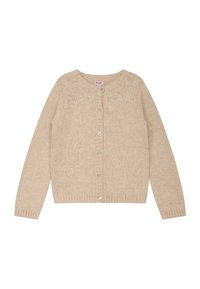 Cardigan in maglia beige con maniche lunghe, scollatura rotonda, davanti con cinque bottoni e ricami floreali lungo le spalle. Texture morbida.