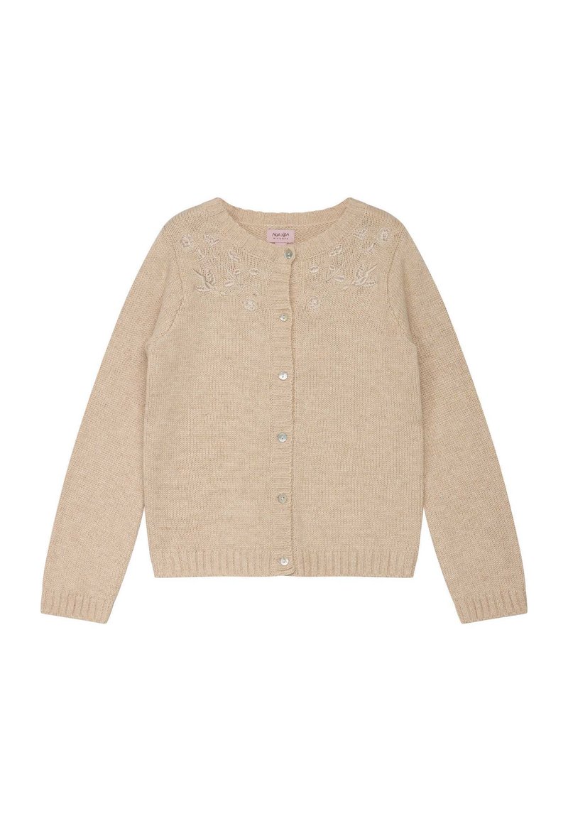 Cardigan in maglia beige con maniche lunghe, scollatura rotonda, davanti con cinque bottoni e ricami floreali lungo le spalle. Texture morbida.