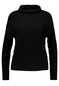 Černý žebrovaný svetr s vysokým rolákem, dlouhými rukávy a texturovaným provedením. Má volný střih a měkkou látku.