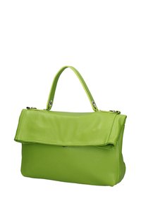 Groene leren handtas met een gestructureerde vorm, een bovenhandgreep en een klepsluiting. Heeft een textuuroppervlak en metalen hardwareaccenten.