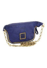 Borsa a spalla in pelle blu marina con borchie dorate e tracolla a catena. Presenta una placca decorativa con il nome del marchio e i dettagli. Forma rettangolare.