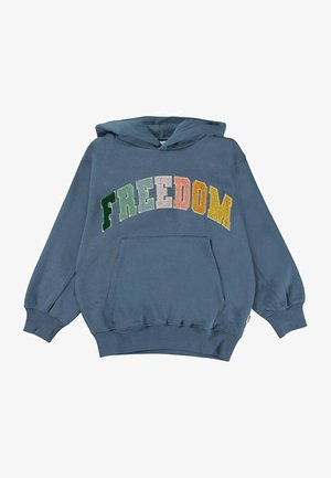 Hoodie en coton bleu avec une poche kangourou, portant l'inscription "FREEDOM" en lettres moelleuses multicolores sur la poitrine. Capuche avec cordon inclus.