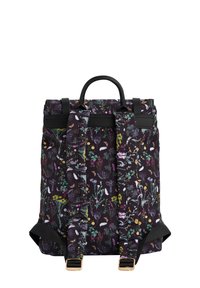 Crni platneni ruksak s živopisnim cvjetnim i leptirastim uzorkom, gornjom drškom, dvostrukim podesivim trakama i zlatnim akcentima od metala.