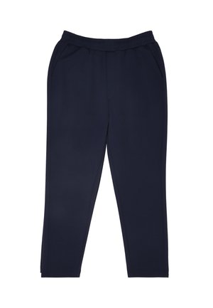 Pantalones deportivos azul marino hechos de una tela suave, con una cintura elástica, bolsillos laterales y un diseño de pierna ajustada.