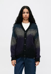 Moteris su ilgais tamsiais plaukais, vilkinti mygtukais segamą, pūkuotą kardiganą su mėlynomis, pilkomis ir violetinėmis raštinėmis virš baltos marškinėlių ir laisvų mėlynų džinsų.