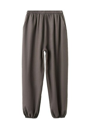 Pantalon décontracté marron avec taille et bas élastiques, doté de poches latérales, présenté sur un fond blanc.