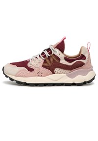 Synthetic and suede sneaker in burgundy, pink, and beige. Features a textured sole, tonal accents, and lace-up closure with a loop at the heel.