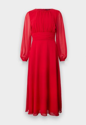 Red chiffon dress with long, sheer sleeves, pleated bodice, and a flowing A-line silhouette. Soft texture and ankle-length design.
