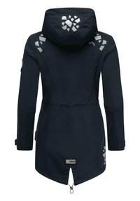 Navy softshell jacket with a hood, featuring reflective accents on shoulders, cinch hem, and side pockets. Smooth texture and tailored fit.