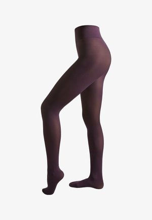 Collants violets opaques avec une texture lisse, dotés d'une taille haute et d'un ajustement près du corps le long des jambes, idéaux pour le superposition ou à porter seuls.