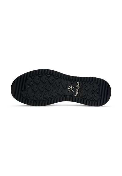 Black rubber shoe sole with a textured surface featuring small diamond shapes and horizontal grooves, labeled "Tropicfeel" near the center.