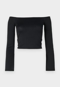 Schwarz, schulterfreies Cropped-Top mit langen Ärmeln, aus glattem, dehnbarem Material, mit einer taillierten Passform und minimalen Nähten.