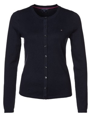 Marineblaue, langärmelige Strickjacke mit Knöpfen, rundem Ausschnitt und kleinem Tommy Hilfiger-Logo auf der linken Brust.