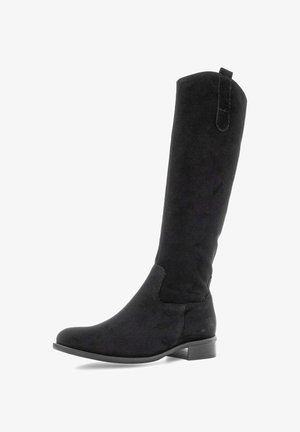 Knee-high black suede boot with a flat heel, pointed toe, and stitched accents. Features a pull tab at the top for easy wear.