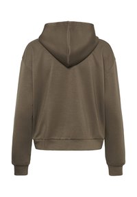 Maslinasto zelena hoodie s mekanom teksturom, prikazana sa stražnje strane, s kapuljačom i rebrastim manžetama. Skraćena duljina s opuštenim krojem.