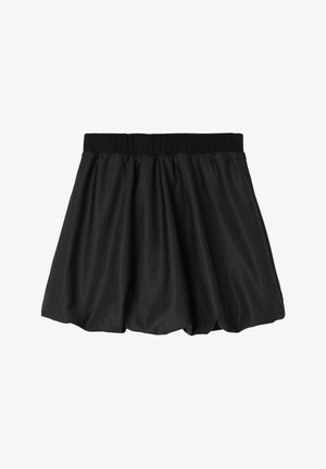 Fekete tüll szoknya, rakott kialakítással, széles gumis derékrésszel és rakott fazonnal. Sima textúra és térd feletti hossz.