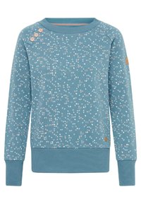 Felpa blu con finitura strutturata, motivo a pois pastello sparsi, maniche raglan e tre bottoni decorativi sulla spalla sinistra.