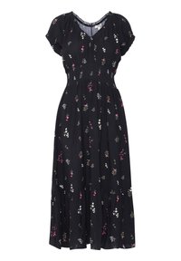 Robe noire à fleurs avec des manches courtes, corsage smocké et jupe à volants, ornée de motifs de fleurs blanches et roses.